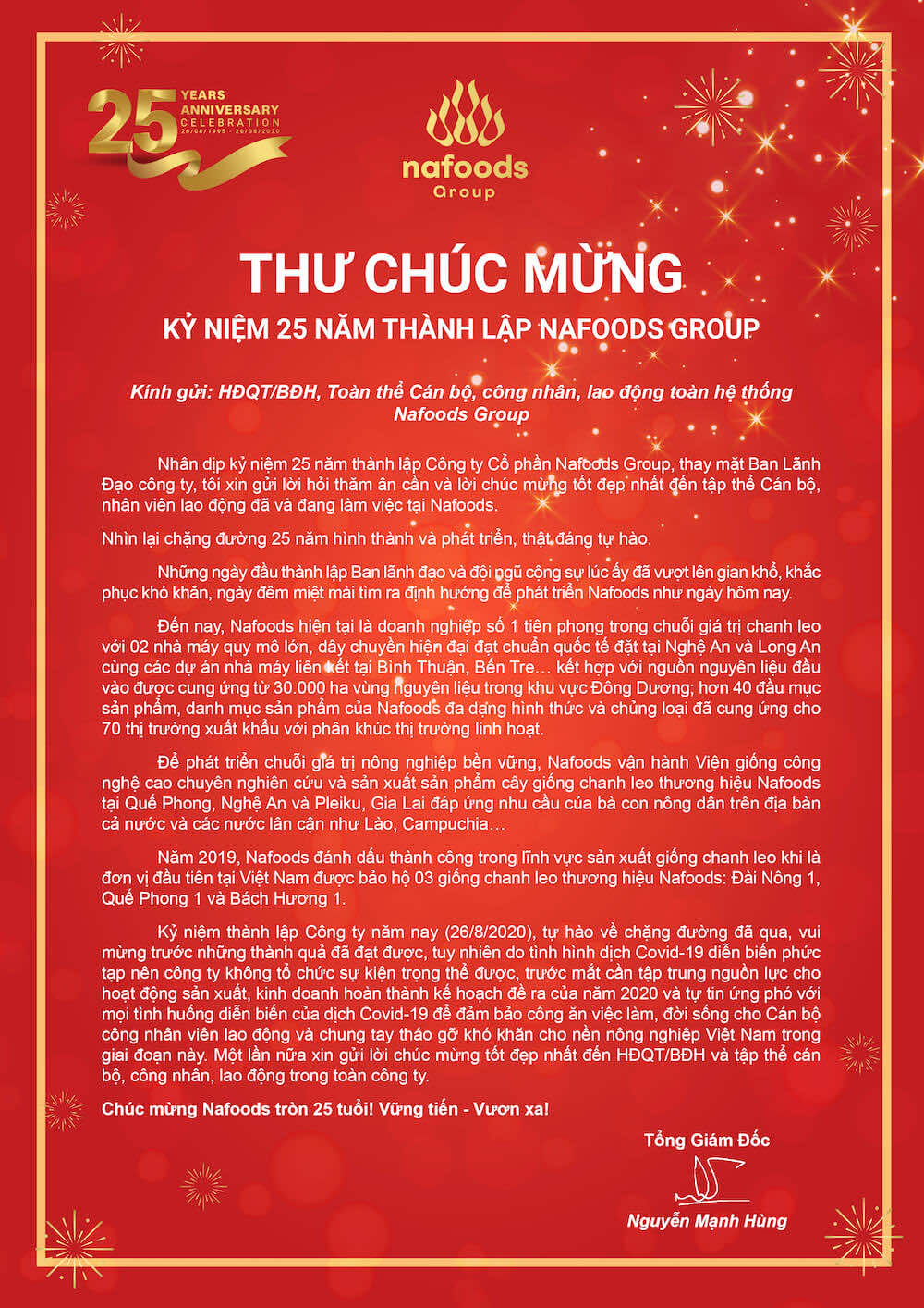 Thư chúc mừng kỷ niệm 25 năm thành lập Nafoods Group