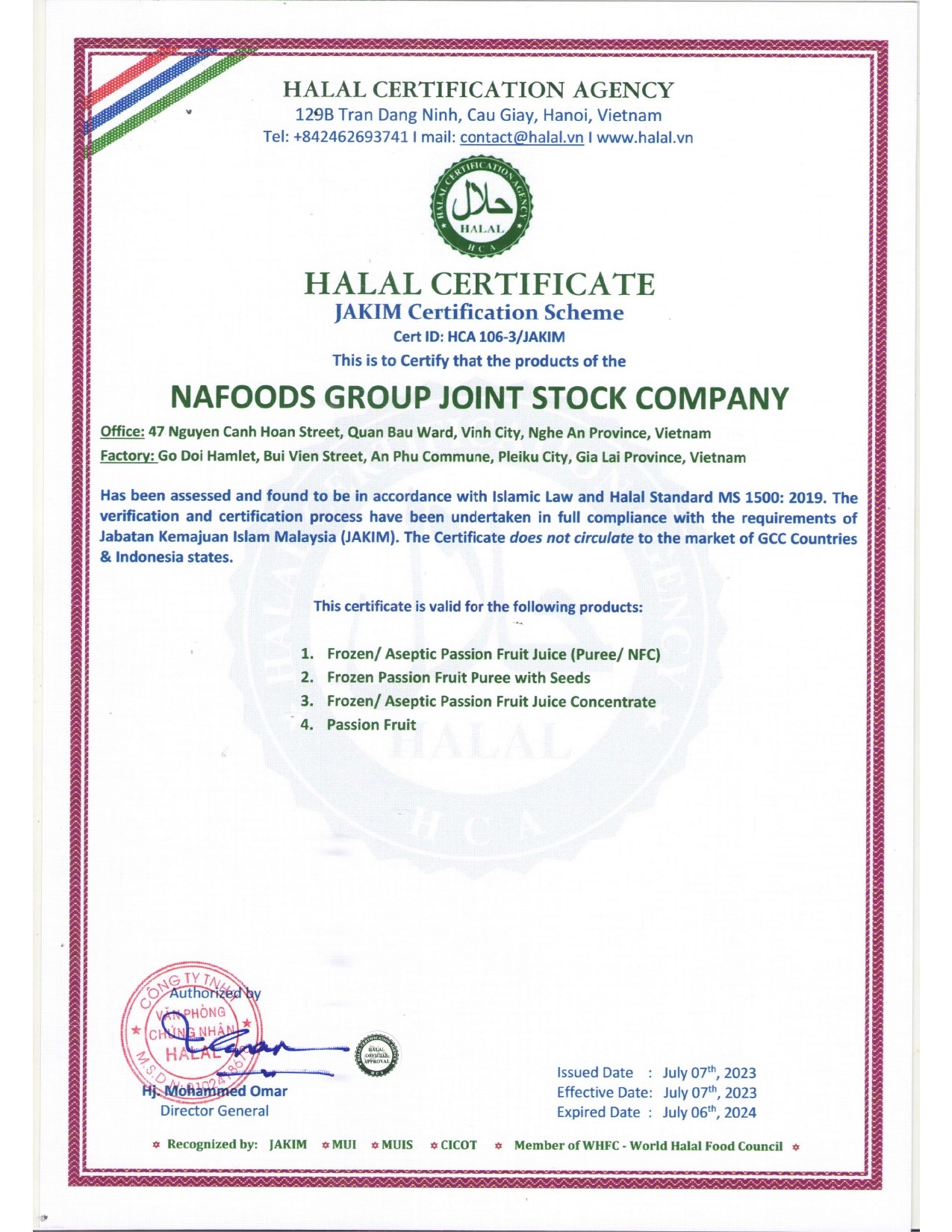 Halal Certificate for Nafoods Tay Nguyen Factory
