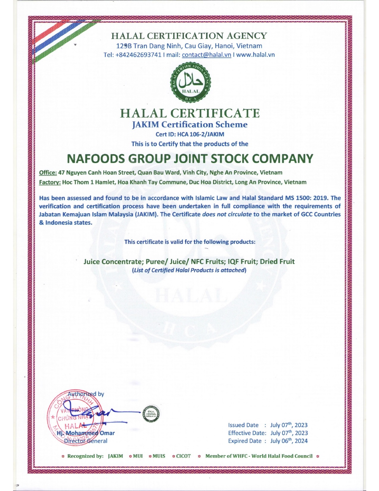 Halal Certificate for Nasoco Factory at Duc Hoa, Long An