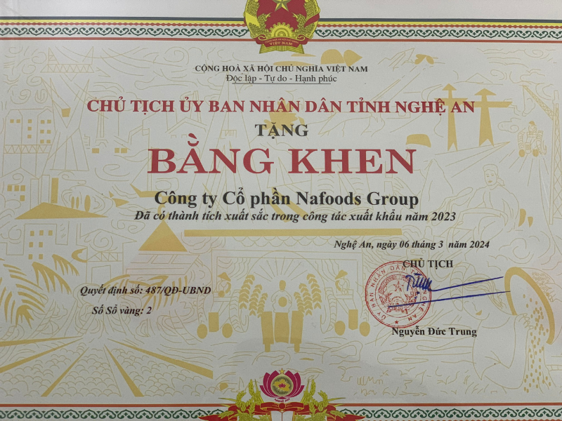 Nafoods Certificate of Merit for excellent achievements in export work