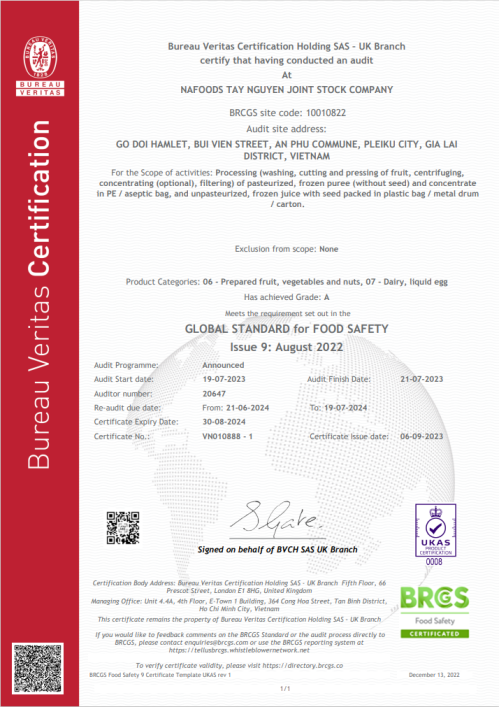 Tay Nguyen factory's nftn brc certification