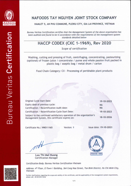 Tay Nguyen factory's haccp certification