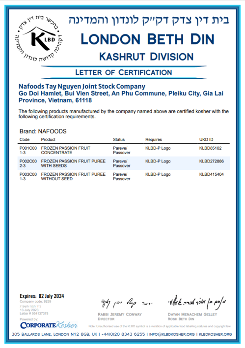 Tay Nguyen factory's kosher certification