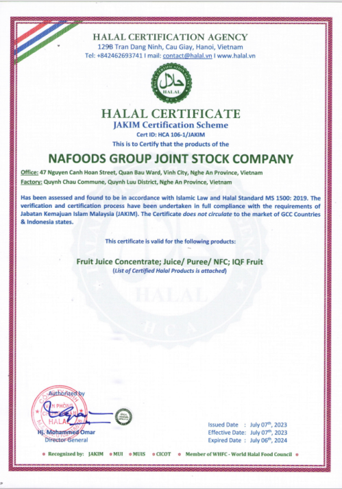 Napro factory's halal certification