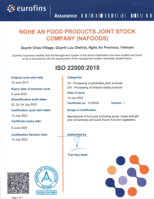 Napro factory's iso 22000 certification