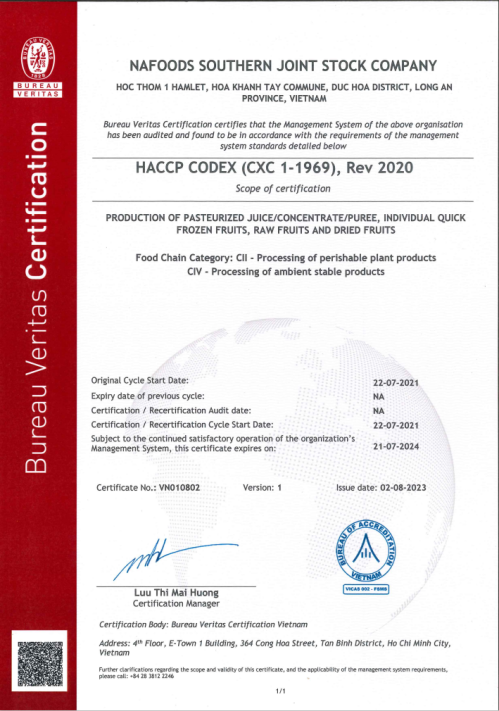 Nasoco factory's haccp certification