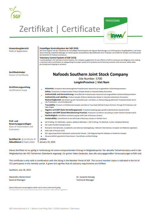 Nasoco factory's sgf certification